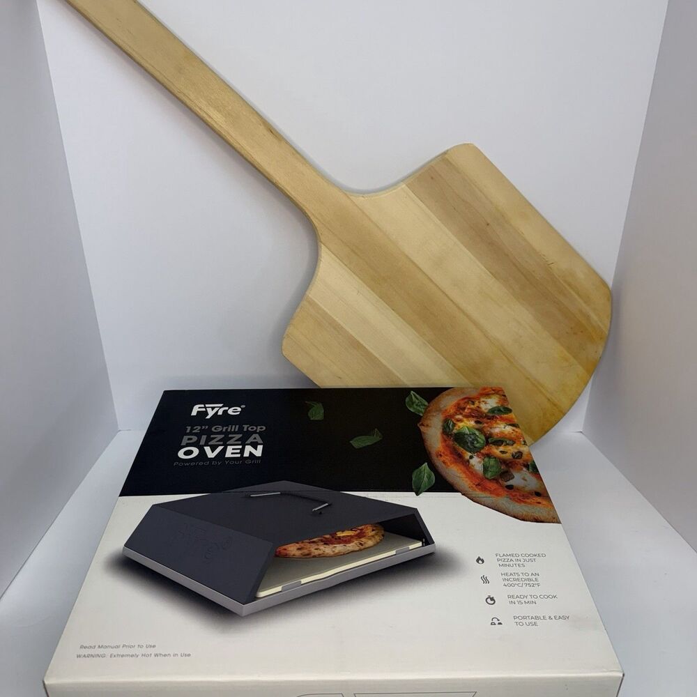 Fyre 12" Grill Top Pizza Oven Stone w Large Wood Pizza Peel Paddle Outdoor